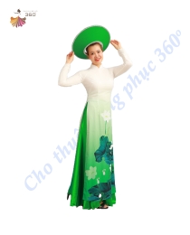 Áo dài trắng sen xanh lá 1
