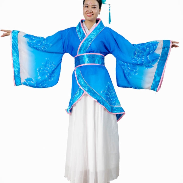 Cổ trang Trung Quốc nữ áo khoác xanh biển, váy trắng