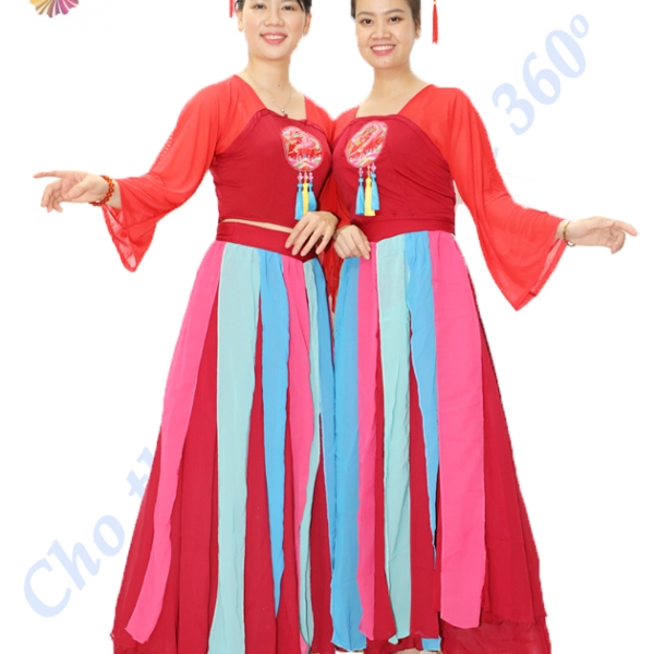 Váy rời đỏ có gắn dây lụa + áo có tay