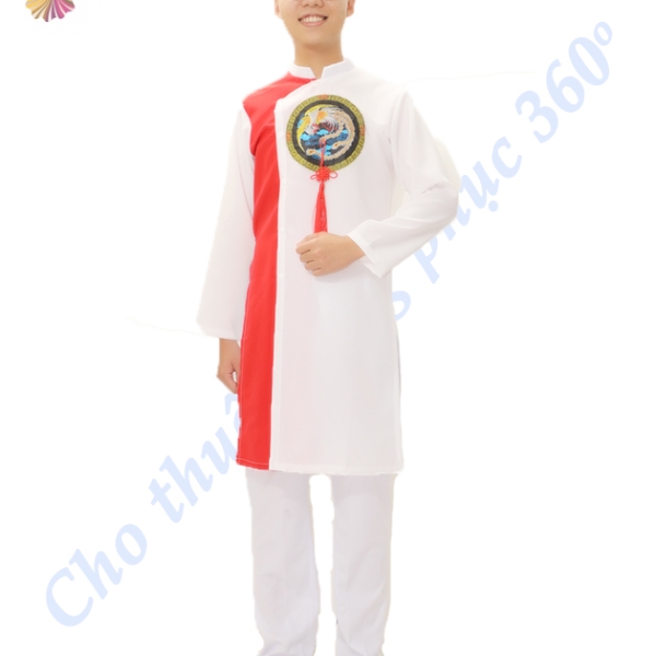 Áo dài nam trắng đỏ chấm tròn