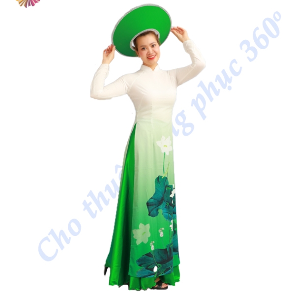 Áo dài trắng sen xanh lá 1
