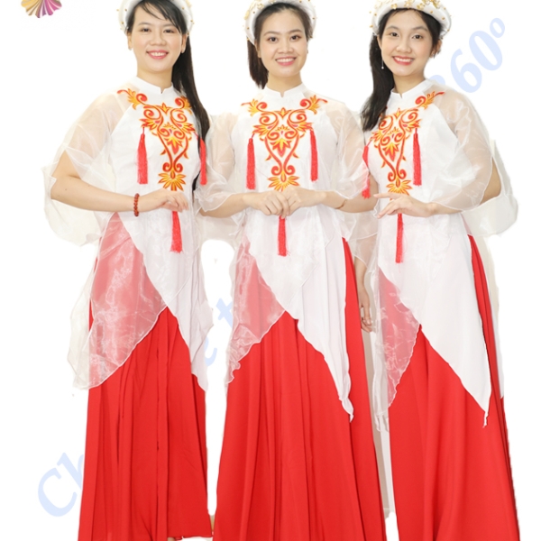 Áo kính trằng họa tiết đỏ + Váy đỏ